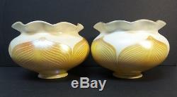 Pair Antique Quezal Art Glass Lamp Shades, Pulled Feather Design, Signed