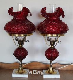Pair Fenton Art Glass Ruby Red Poppy Poppies Student Table Lamps Marble Bases