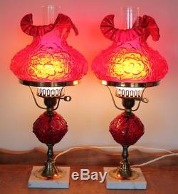 Pair Fenton Art Glass Ruby Red Poppy Poppies Student Table Lamps Marble Bases