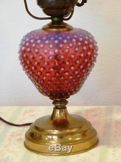 Pair Fenton Cranberry Opalescent Hobnail Table Lamps