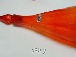 Pair Huge Blenko Art Glass Orange Crackle Bottle Decanter Flame Top Tangerine