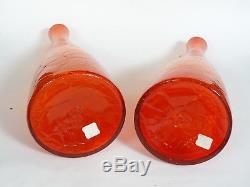 Pair Huge Blenko Art Glass Orange Crackle Bottle Decanter Flame Top Tangerine