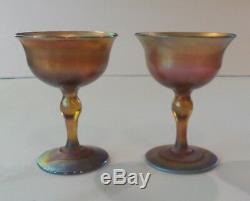 Pair L. C. Tiffany FAVRILE Gold Iridescent Art Glass Wine Goblets