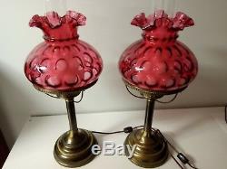Pair Of Vintage Fenton Cranberry Coin Dot Thumbrpint Boudoir Mantle Lamps