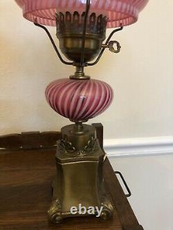 Pair Of Vintage Fenton Cranberry Opalescent Swirl Optic Student Lamps(2)