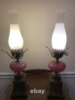 Pair Of Vintage Fenton Cranberry Opalescent Swirl Optic Student Lamps(2)