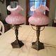 Pair Vintage Fenton Art Glass Cased Pink Amethyst Pink & White Poppy Lamps