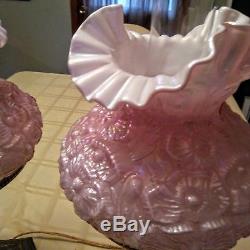 Pair Vintage Fenton Art Glass Cased Pink Amethyst Pink & White Poppy Lamps