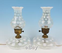 Pair Vintage Fenton White Opalescent Coin Dot Lamps Boudoir Night Table Glass