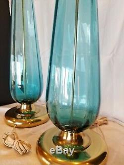 Pair Vintage Mid Century Modern BLENKO 36 Turquoise Glass Table Lamps