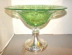 Pairpoint Glass Green Centerpiece Bowl with Sterling Base & Colias Engraving