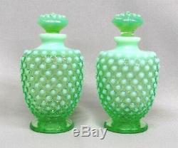 Pr. Opalescent Green Fenton Hobnail Perfumes, Original Stoppers 1940-41, Perfect