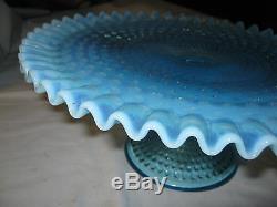 Premium Quality Fenton Blue Topaz Opalescent Hobnail Art Glass Cake Plate Stand