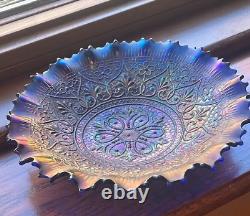 Pretty Blue Northwood Carnival Glass Hearts & Flowers Ruffled Bowl