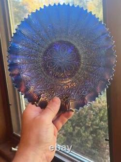 Pretty Blue Northwood Carnival Glass Hearts & Flowers Ruffled Bowl