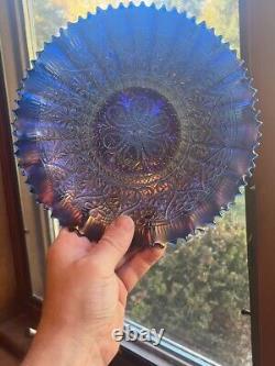 Pretty Blue Northwood Carnival Glass Hearts & Flowers Ruffled Bowl