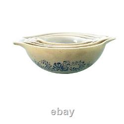 Pyrex Homestead Nesting Bowls Set Of Four Speckled Tan Blue Floral Made In USA