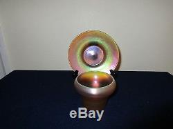 Quezal American Art Glass Gold Iridescent Pair Cup and Saucer Signed