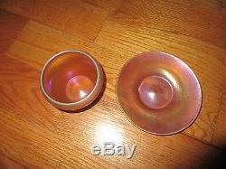 Quezal American Art Glass Gold Iridescent Pair Cup and Saucer Signed