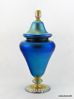 Quezal Art Glass Blue Lustre Tall Lidded Urn or Vase ca 1920s