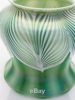 Quezal Art Glass Shade White & Green Pulled Feather on White Background RARE