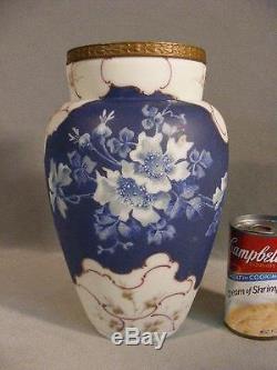 Rare 12 Antique Blue Floral Art Glass Vase Signed Wavecrest Cf Monroe Co