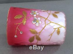 RARE 1880's Pink Cased Satin Art Glass Quilted MOP Enamel Decorated Tumbler