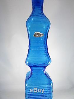 RARE 20 tall BLENKO Tiered Blue Glass Bottle With Stopper and Label MINT