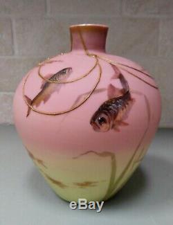 RARE Antique Mt Washington Burmese Glass Fish in Gold Net Vase