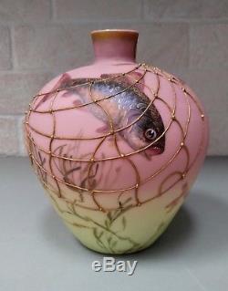 RARE Antique Mt Washington Burmese Guilt Fish Net Art Glass Vase