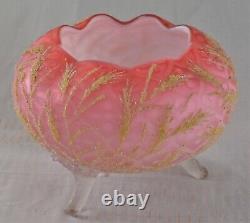 RARE Antique Mt Washington Coralene Pink Satin Glass Rose Bowl with Golden Wheat