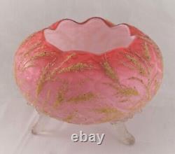 RARE Antique Mt Washington Coralene Pink Satin Glass Rose Bowl with Golden Wheat