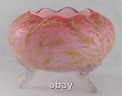 RARE Antique Mt Washington Coralene Pink Satin Glass Rose Bowl with Golden Wheat