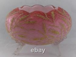 RARE Antique Mt Washington Coralene Pink Satin Glass Rose Bowl with Golden Wheat