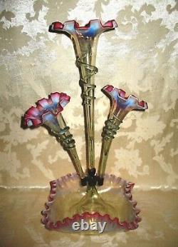 RARE Antique Victorian Art Nouveau Opalescent Cranberry 3 Horn Epergne