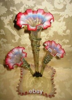 RARE Antique Victorian Art Nouveau Opalescent Cranberry 3 Horn Epergne