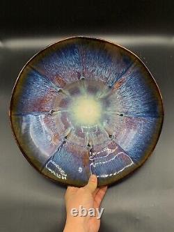 RARE! Bill Campbell Art Pottery Hand Thrown Centerpiece Bowl 12 Drip Blue