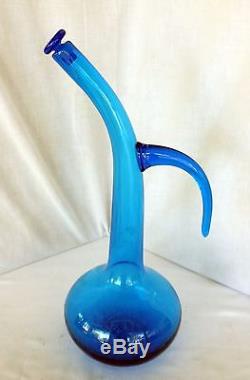 RARE Blenko blue glass decanter withopen handle and stopper RARE