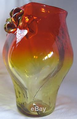 Rare Large 1958 Blenko Glass Wayne Husted Owl Vase In Flame Orange Tangerine