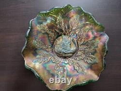 RARE Millersburg Iridescent Green Nesting Swan Antique Carnival Glass 10 Bowl