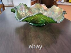 RARE Millersburg Iridescent Green Nesting Swan Antique Carnival Glass 10 Bowl