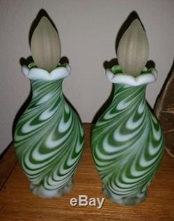 RARE Pair Fenton Green Satin Swirled Feather Cologne Perfume Bottles 1953-1955
