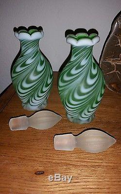 RARE Pair Fenton Green Satin Swirled Feather Cologne Perfume Bottles 1953-1955