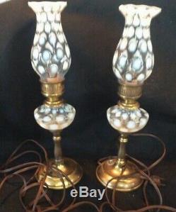 RARE Pair Vintage Fenton Opalescent Coin Dot Lamps With SHADES 13 1/2 BOTH WORK