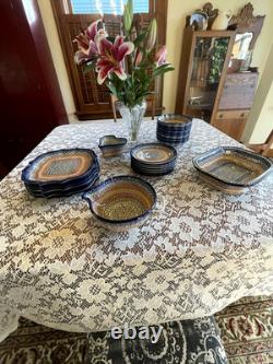 RARE! Polish Pottery Mosaic 23-Piece Dinnerware Set for 7 + Extra Pieces