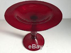 RARE Selenium Red Ruby Carder Signed STEUBEN Glass Compote Optic Swirl 8 MINT