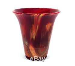 RARE VINTAGE ART DECO FENTON MANDARIN RED with CHINESE YELLOW SWIRL GLASS VASE