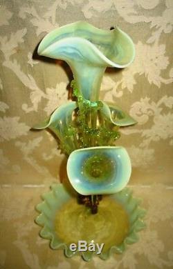 RARE Victorian Art Nouveau Vaseline Uranium 4 Horn Epergne 1890's WOW