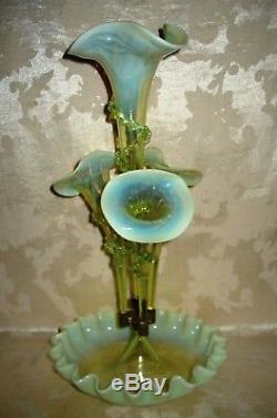 RARE Victorian Art Nouveau Vaseline Uranium 4 Horn Epergne 1890's WOW