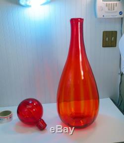 RARE Vintage 1970 Blenko Striated Tangerine Glass Floor Decanter Vase 34 Tall